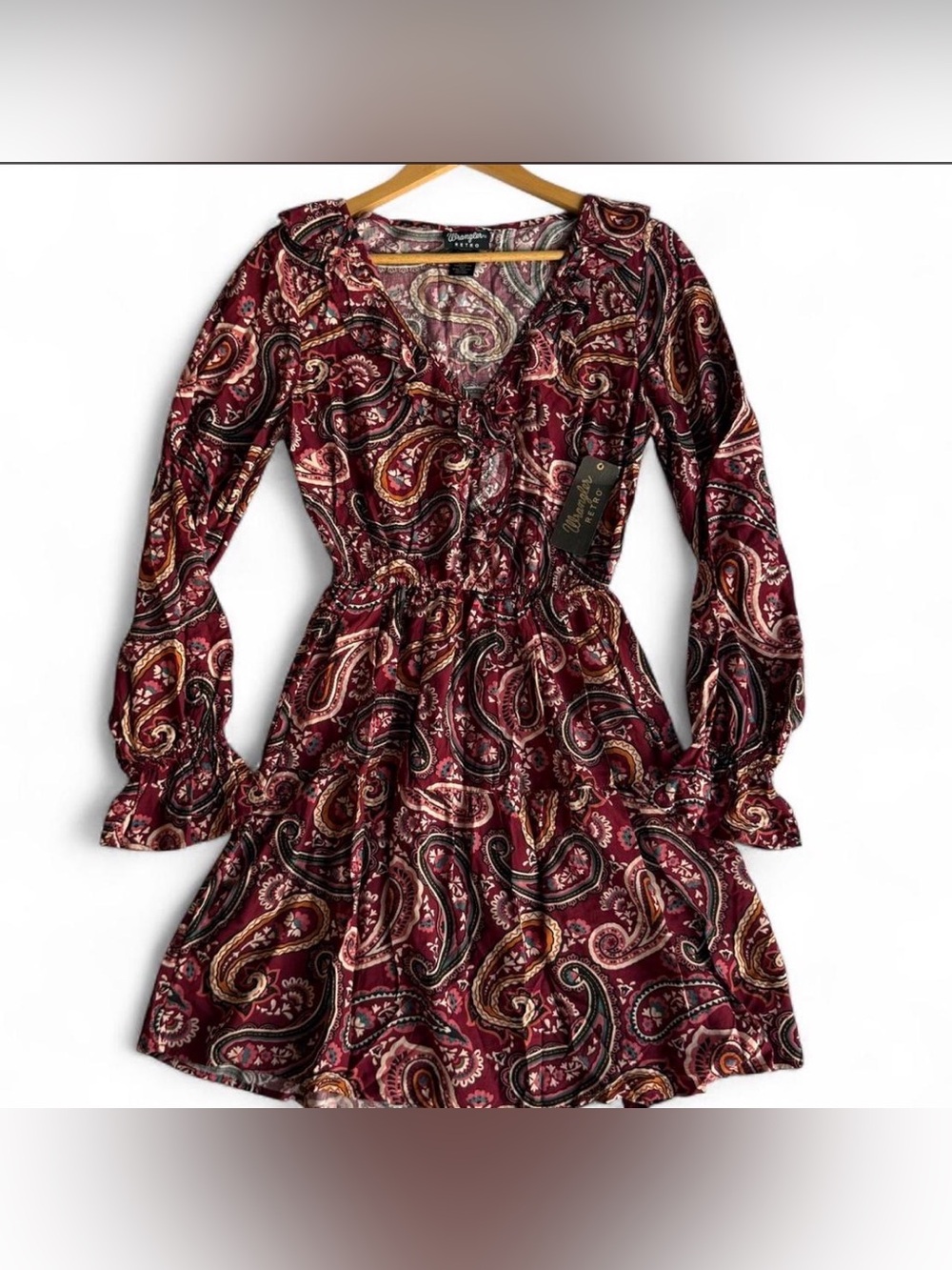 NWT Wrangler Retro Burgundy Paisley Boho Ruffle Dress Size Medium